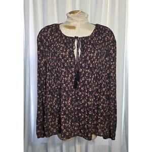 DR2 size L Black Brown Ditsy Floral Tie Front Soft Flowy Long Sleeve Blouse